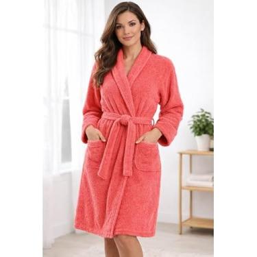 Imagem de Roupão de Banho Atoalhado Luxo 100% Algodão Unissex Manga Curta - Absorvente e Suave para Pós-Banho e Relaxamento Doméstico (Tamanhos P a GG) (Único (P ao M),Coral)
