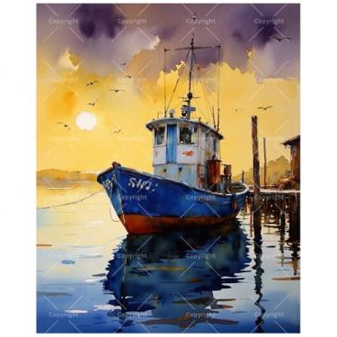 Imagem de Kit de pintura de paisagem marítima por números para adultos – Pintura de barco de pesca DIY na doca do pôr do sol em tela, conjunto de tinta acrílica, adequado para iniciantes, arte para decoração de