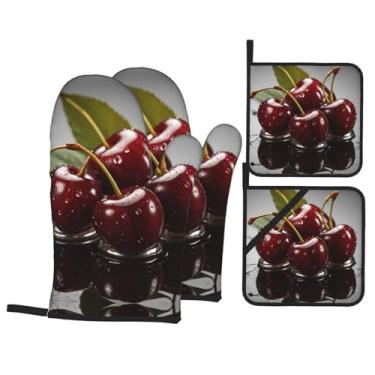 Imagem de Conjunto de luvas de forno estampadas Fresh Cherries, conjunto de 4 peças adequado para grelhar, cozinhar e assar