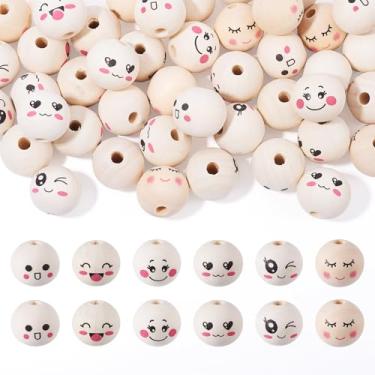 Imagem de Kissiity 48 peças de bolas de madeira impressas para artesanato contas de madeira redondas inacabadas 17-20 mm contas espaçadoras soltas de madeira natural branco antigo com rosto sorridente conta de