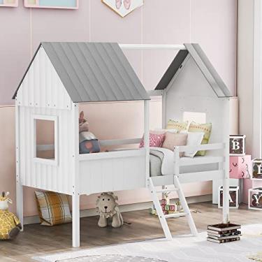 Imagem de Cama Twin Size Low Loft Wood House com escada, janelas de dois lados e guarda-corpos de comprimento total na cama com espaço de armazenamento embaixo da cama, 203 cm C x 114 cm L x 192 cm A, branco +