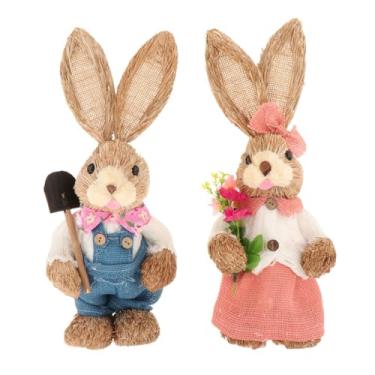 Imagem de SM SunniMix 2 peças de ornamentos de palha estátua coelhinho de palha de páscoa decoração de mesa enfeite de coelho em pé estatueta tecida, estilo C