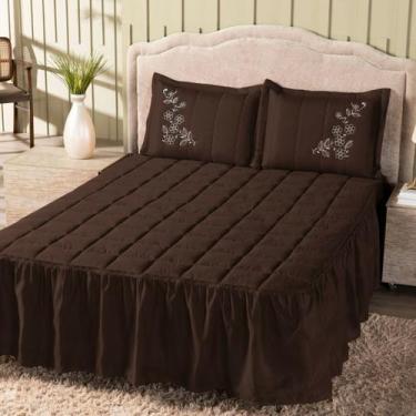 Imagem de Kit Colcha Cobre Leito 3 pçs Bordada Ramo Flores p/ Cama Box Padrão - 