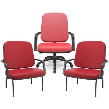 Imagem de Kit Cadeira De Escritório Giratória E 2 Cadeiras Fixas Preta Magno P03 Vinil Vermelho - Lyam Decor