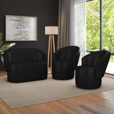 Imagem de Sofá Namoradeira E 2 Poltronas Orgânica Para Sala Malu Sintético Pu Preto M11 - D'rossi
