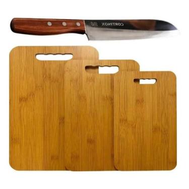 Imagem de Kit Tábuas De Corte Madeira Faca Chef Aço Inox Profissional - TOP RIO
