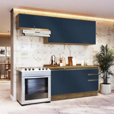 Imagem de Armário de Cozinha Completa 100% MDF 240cm Nogueira/Azul Profundo Cele