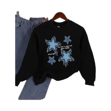 Imagem de Moletom Feminino Solto Com Gola Redonda, Estampa De Estrela Em Imitaçã