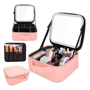Imagem de Maleta Maquiagem Profissional Necessaire Espelho Led Viagem Cor Rosa -