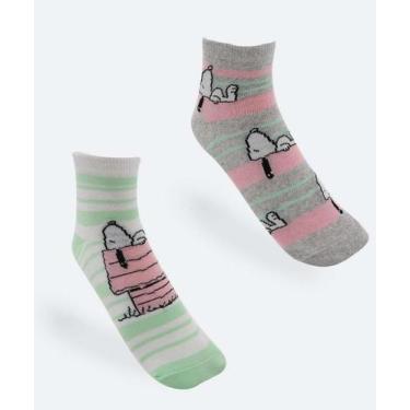 Imagem de Kit 2 Meias Infantil Soquete Estampa Snoopy Rosa-29040, Cinza, Verde, 