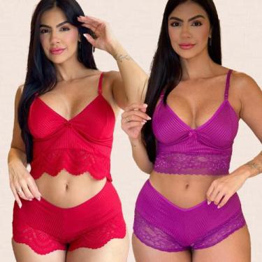 Imagem de Kit 2 Conjuntos Lingerie Canelado Confotavél Delicado Sem Bojo Shorts 