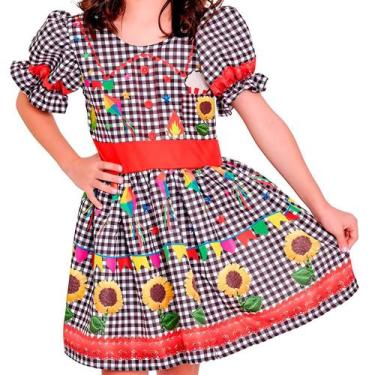 Imagem de Vestido Festa Junina Xadrez Preto de Luxo Mangas Bufantes Roupa Caipir