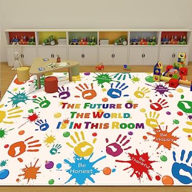 Imagem de LTKOUGFAM Tapete infantil colorido, tapete lavável para crianças, tapetes de área de impressão de mãos para quarto de crianças, tapete de brincar antiderrapante, ultramacio, espesso, tapetes de