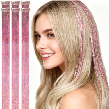Imagem de CelineBella Presilha de cabelo rosa com ferramentas 80 fios/peças de cabelo de fada para o ano novo, Halloween, cosplay, cabelo brilhante para crianças e meninas
