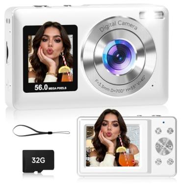 Imagem de Câmera digital, tela dupla de 56 MP com foco automático, captura de sorriso, antirvibração, zoom de 16x, cartão SD de 32 GB, presente Digicam para meninos, meninas e adolescentes