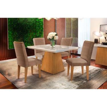 Imagem de Sala de Jantar Completa Luna Tampo Madeirado c/ Vidro Canto Reto 120x80cm e 4 Cadeiras Lunara Imbuia/Suede Capuccino - Rufato
