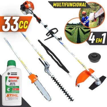 Imagem de Roçadeira Com ÓLEO STIHL VRM330 Vulcan Multifunções de Corte C/ Faca 2 Pontas e Cabeçote Nylon + Motopodador de Galhos e Podador de Cerca Viva