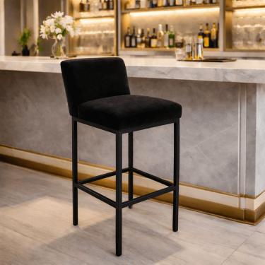 Imagem de Banqueta Viena Alta Estofada Veludo Preto com Base Metal Preto Liberty Móveis