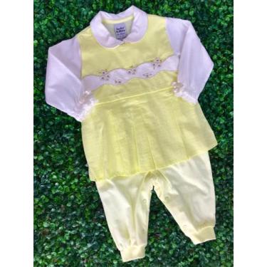 Imagem de Macacão Longo Infantil Fem Malha Com Vestido Sobreposto Bordado Flor A