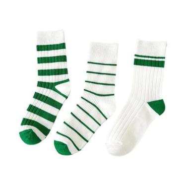 Imagem de Meias Infantis Listradas Verdes 3 Pares Estilo Primavera Outono Menino