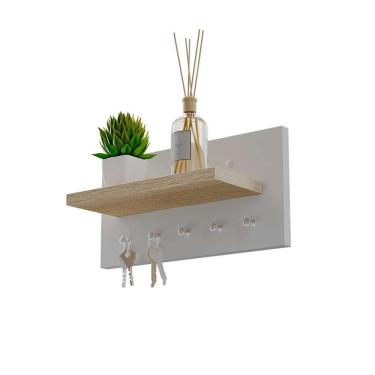 Imagem de Porta Chaves Minimalista com 5 Pinos Metálicos e Espaço para Objetos Branco e Carvalho Mercado das Prateleiras 30CM