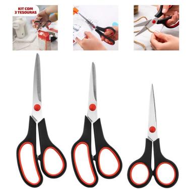 Imagem de Kit de Tesouras Multiuso 3 Unidades em Aço Inoxidável com Cabo Ergonômico Antiderrapante para Casa Artesanato Escolar