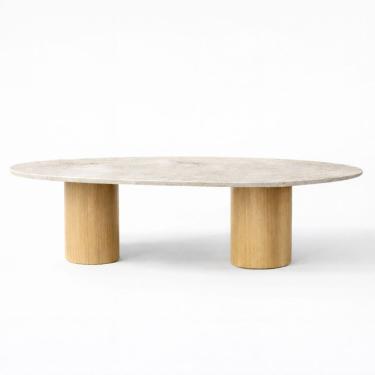 Imagem de Mesa de Jantar Astrid Orgânica Cilíndrica Tampo Mármore Paraná Gold Base Carvalho 137x90 cm