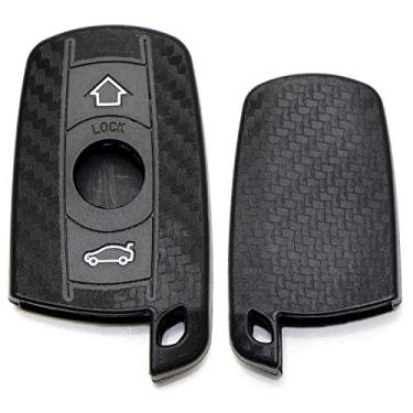 Imagem de iJDMTOY Capa de silicone macio com padrão de fibra de carbono compatível com BMW First Gen Keyless Fob E90 E91 E92 E93 E60 E61 E63 E64 E70 E71 3 5 6 Series X5 X6 (trama de sarja preta)