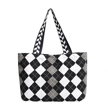Imagem de Bolsa tiracolo xadrez de lona grande capacidade para mulheres bolsa de compras reutilizável lavável casual bolsa de ombro, Preto, Large