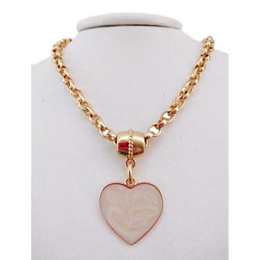 Imagem de Colar Feminino Coração Madrepérola Elo Português Grosso 6mm