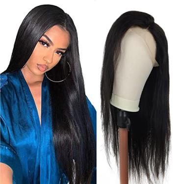 Imagem de Mayloss Peruca de cabelo humano frontal com laço 13x4 Perucas entrelaçadas pré arrancadas 18/22" lisa/corpo/cachos profundos 150% peruca de renda Denisty Hd cabelo humano peruca preta natural cor de cabelo (55,88 cm, liso)