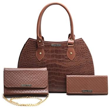 Imagem de Bolsa Feminina Pasta Grande De Ombro + Bolsa Pequena Festa Clutch Transversal + Carteira Feminina (Caramelo)