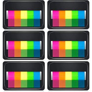 Imagem de Marcadores de página autoadesivos Onwon 600 peças com abas de índice de pop-up coloridas neon com caixa, blocos de notas autoadesivos com bandeira neon, a parte adesiva translúcida não cobre nenhuma informação