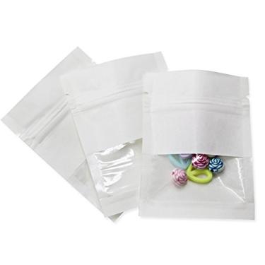 Imagem de PABCK Pacote com 100 (tamanho interno 6 x 6 cm) sacos de papel kraft brancos resseláveis com janela transparente com vedação térmica bolsa hermética para zíper de armazenamento de alimentos, embalagem
