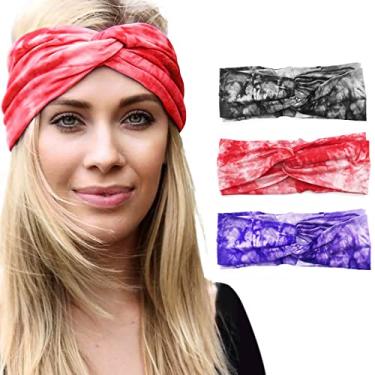 Imagem de LumiSyne 3 faixas de cabelo femininas tie dye boho laço torcido turbante elástico algodão faixa de suor faixas de cabelo ciclismo ioga treino maquiagem