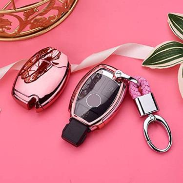 Imagem de YJADHU Capa de chave de carro TPU porta-chaves chaveiro anel de corrente, apto para Mercedes Benz W203 W210 W211 W124 W202 W204 AMG, rosa com chaveiro