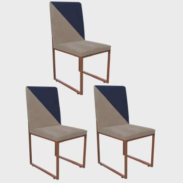 Imagem de Kit 03 Cadeira Office Stan Duo Sala de Jantar Industrial Ferro Bronze Sintético Bege e Azul Marinho - Ahazzo Móveis