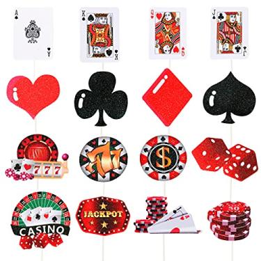 Imagem de 32 peças de decoração de festa de pôquer, tema de pôquer, topos de cupcake de aniversário para cassino de Las Vegas, pôquer, eventos de aniversário, cassino, pôquer, festa de aniversário (16 padrões), artigos de decoração para palitos de comida, artigos de decoração