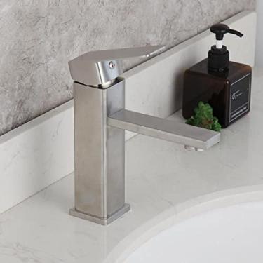 Imagem de Torneira de pia de banheiro quadrada com acabamento preto/cromado Torneira de lavatório de alça única Torneira de lavatório de banheiro com deck, escova de níquel B