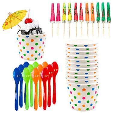 Imagem de Kit de sorvete Sundae – Copos de papel de bolinhas de 350 ml – Colheres de plástico pesado – Guarda-chuvas de papel – 12 unidades rosa laranja amarelo verde azul