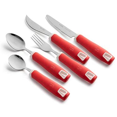 Imagem de Special Supplies Conjunto de 5 peças Adaptive Utensils sem peso, cabos antiderrapantes para tremores de mão, artrite, uso de Parkinson ou idosos – Faca de aço inoxidável, garfo, colheres – Vermelho