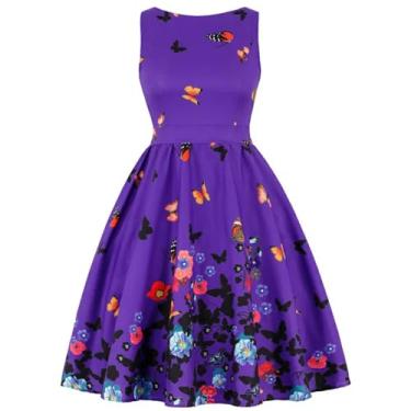 Imagem de MAIFURUN Vestido sem mangas de algodão rockabilly roupão feminino retrô casual comprimento do joelho escritório floral pássaro estampa animal Natal, 1, GG