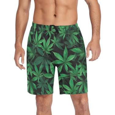 Imagem de CHIFIGNO Shorts de pijama masculino para dormir calça de pijama macio com bolsos e cordão, Folhas de palmeira verde tropical, XXG
