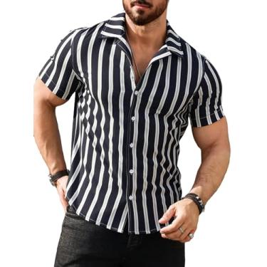 Imagem de Camisa masculina de manga curta casual de verão com gola e botão com estampa listrada, Preto, P