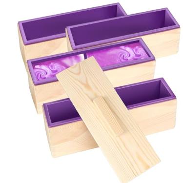 Imagem de ZOENHOU 4 peças de moldes de sabão roxo de 1,2 l e 4 tampas de madeira, kit de moldes de silicone retangular flexível para fabricação de sabão com caixa de madeira conjunto de ferramentas DIY para