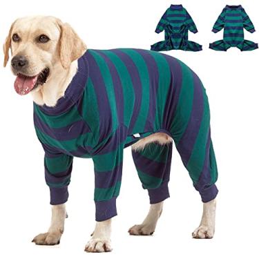 Imagem de LovinPet Macacão de pijama grande para cães – Pulôver leve de malha elástica, camiseta para cachorro com estampa de listras verdes e pretas, proteção UV/, pijamas para cães de raças grandes, pijamas