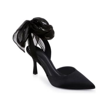 Imagem de Sandálias femininas de salto alto com cadarço e laço de cetim sandálias de bico fechado para noiva salto agulha alto D'Orsay sapatos sociais bonitos, Preto, 9