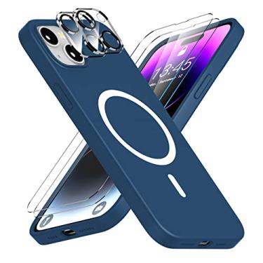 Imagem de jaroco [8 em 1] Capa projetada para iPhone 14 Plus, capa fina de silicone líquido [compatível com MagSafe] [com 2 peças de protetor de tela de vidro + protetor de lente de câmera] capa de telefone à prova de choque - azul marinho