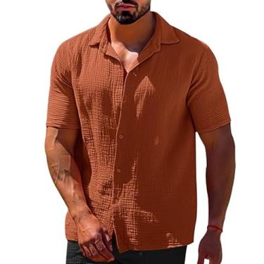 Imagem de BAFlo Camisa masculina de linho casual lapela cor sólida manga curta botão roupas masculinas, Vermelho tijolo, GG