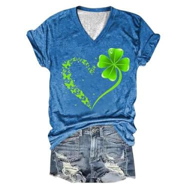 Imagem de Camisetas femininas do Dia de São Patrício com estampa da bandeira americana irlandesa verde túnica tops de gola redonda 2024, Azul, XXG